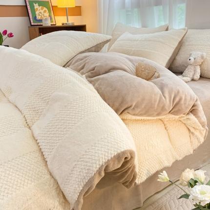 金爱家 2023新款全消光牛奶绒A类纯色獭兔毛绒立体牛奶绒四件套 兔毛竖条咖