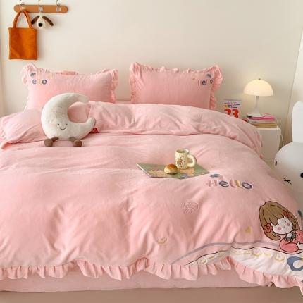 星期八 2023新款牛奶绒贴布绣四件套 hello女孩