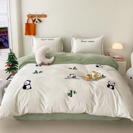 星期八 2023新款牛奶绒贴布绣四件套 绿竹熊猫