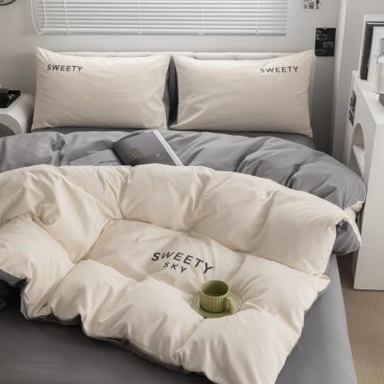 91家纺网 家纺一手货源 找家纺 麦空 2025新款水洗棉刺绣纯色学生季三件套-晴空系列 奶昔白