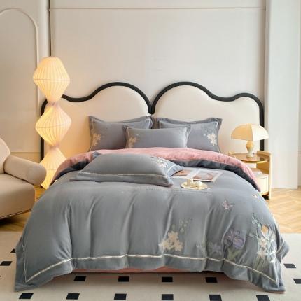 91家纺网 家纺一手货源 找家纺 2023新款250g高克重全消光牛奶绒刺绣四件套-花苑 花苑-灰粉色