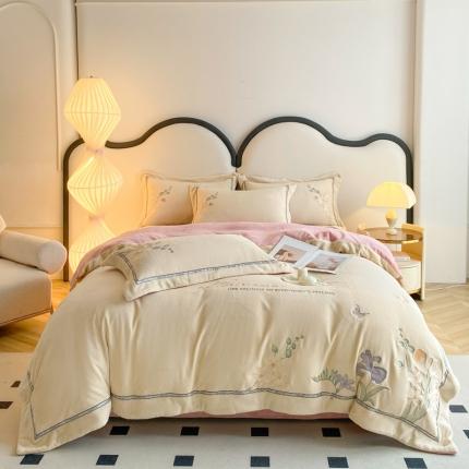 91家纺网 家纺一手货源 找家纺 2023新款250g高克重全消光牛奶绒刺绣四件套-花苑 花苑-奶米粉