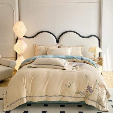 91家纺网 家纺一手货源 找家纺 2023新款250g高克重全消光牛奶绒刺绣四件套-花苑 花苑-奶米兰