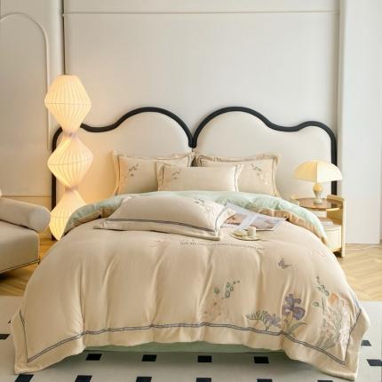 91家纺网 家纺一手货源 找家纺 2023新款250g高克重全消光牛奶绒刺绣四件套-花苑 花苑-奶米绿