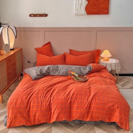 91家纺网 家纺一手货源 找家纺 价格下调三沁纯棉全棉色织水洗棉简约格子式四件套床单圆角荷叶边朵拉-桔灰