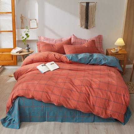 91家纺网 家纺一手货源 找家纺 价格下调 三沁纯棉全棉色织水洗棉简约格子式四件套床单圆角荷叶边偶遇兰橘