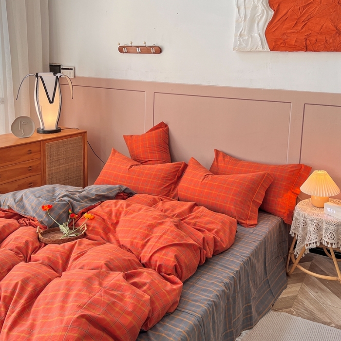 91家纺网 家纺一手货源 找家纺 价格下调三沁纯棉全棉色织水洗棉简约格子式四件套床单圆角荷叶边朵拉-桔灰