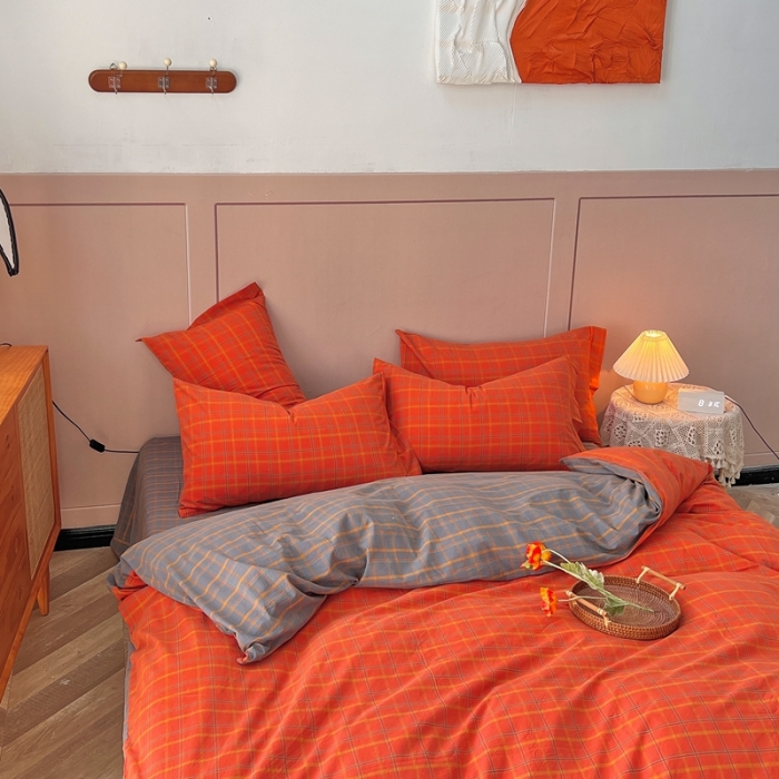 91家纺网 家纺一手货源 找家纺 价格下调三沁纯棉全棉色织水洗棉简约格子式四件套床单圆角荷叶边朵拉-桔灰