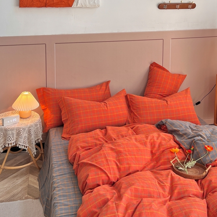 91家纺网 家纺一手货源 找家纺 价格下调三沁纯棉全棉色织水洗棉简约格子式四件套床单圆角荷叶边朵拉-桔灰