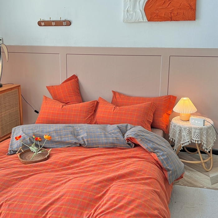 91家纺网 家纺一手货源 找家纺 价格下调三沁纯棉全棉色织水洗棉简约格子式四件套床单圆角荷叶边朵拉-桔灰