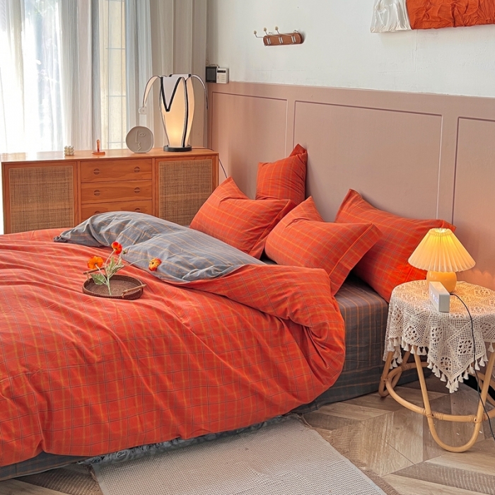 91家纺网 家纺一手货源 找家纺 价格下调三沁纯棉全棉色织水洗棉简约格子式四件套床单圆角荷叶边朵拉-桔灰