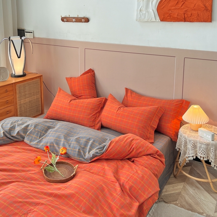 91家纺网 家纺一手货源 找家纺 价格下调三沁纯棉全棉色织水洗棉简约格子式四件套床单圆角荷叶边朵拉-桔灰