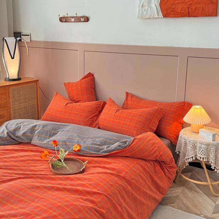 91家纺网 家纺一手货源 找家纺 价格下调三沁纯棉全棉色织水洗棉简约格子式四件套床单圆角荷叶边朵拉-桔灰