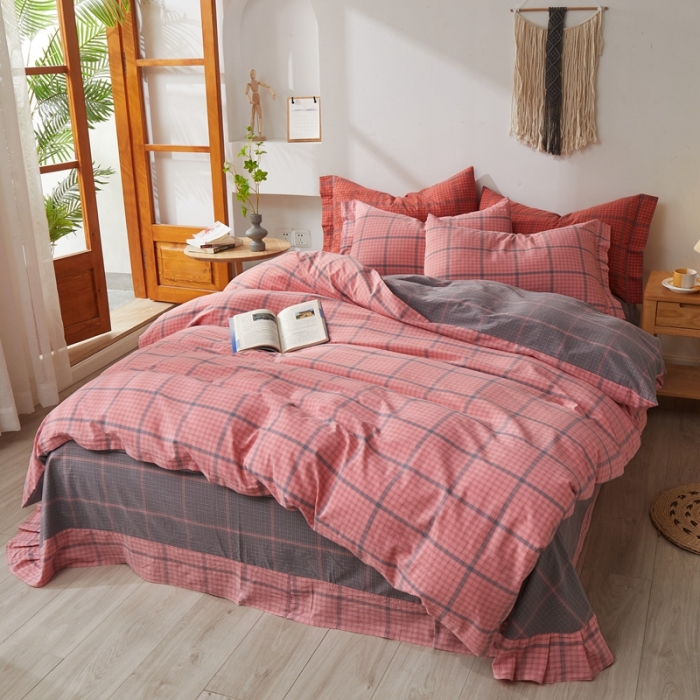 91家纺网 家纺一手货源 找家纺 价格下调 三沁纯棉全棉色织水洗棉简约格子式四件套床单圆角荷叶边偶遇粉灰