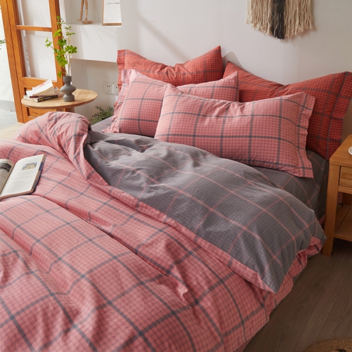 91家纺网 家纺一手货源 找家纺 价格下调 三沁纯棉全棉色织水洗棉简约格子式四件套床单圆角荷叶边偶遇粉灰