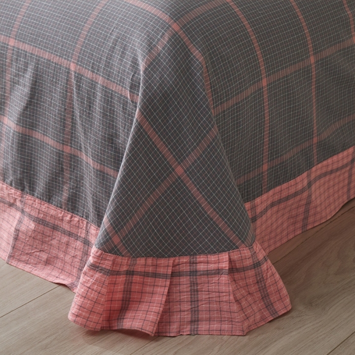 91家纺网 家纺一手货源 找家纺 价格下调 三沁纯棉全棉色织水洗棉简约格子式四件套床单圆角荷叶边偶遇粉灰