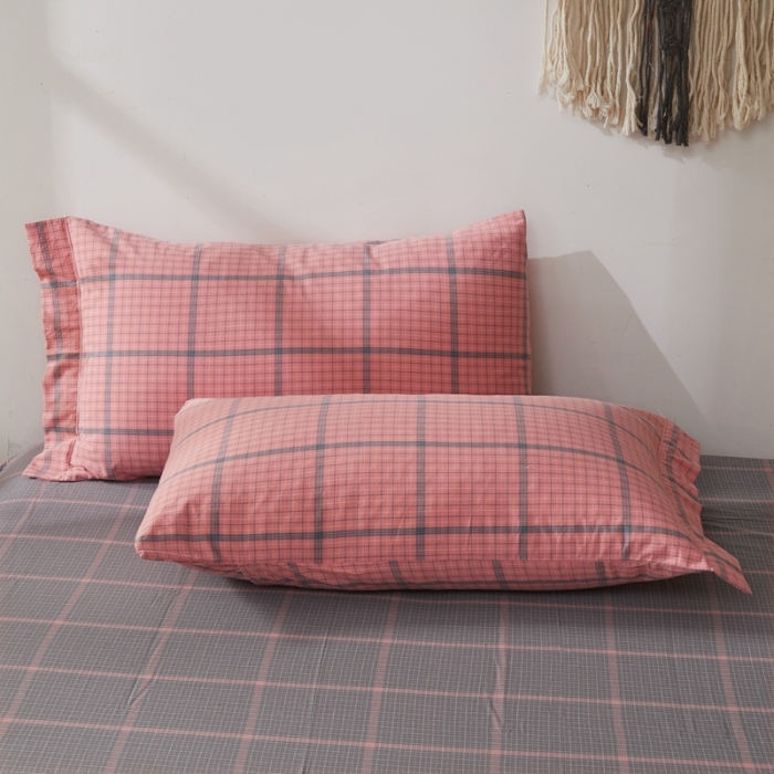 91家纺网 家纺一手货源 找家纺 价格下调 三沁纯棉全棉色织水洗棉简约格子式四件套床单圆角荷叶边偶遇粉灰