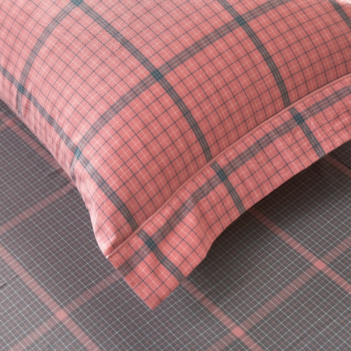 91家纺网 家纺一手货源 找家纺 价格下调 三沁纯棉全棉色织水洗棉简约格子式四件套床单圆角荷叶边偶遇粉灰