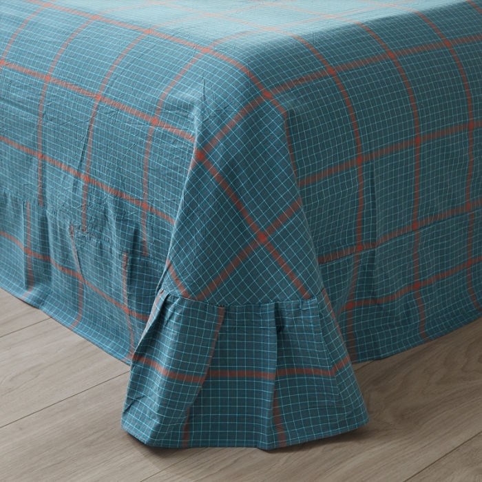 91家纺网 家纺一手货源 找家纺 价格下调 三沁纯棉全棉色织水洗棉简约格子式四件套床单圆角荷叶边偶遇兰橘