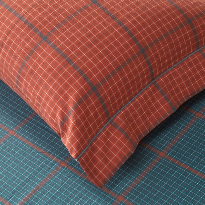 91家纺网 家纺一手货源 找家纺 价格下调 三沁纯棉全棉色织水洗棉简约格子式四件套床单圆角荷叶边偶遇兰橘