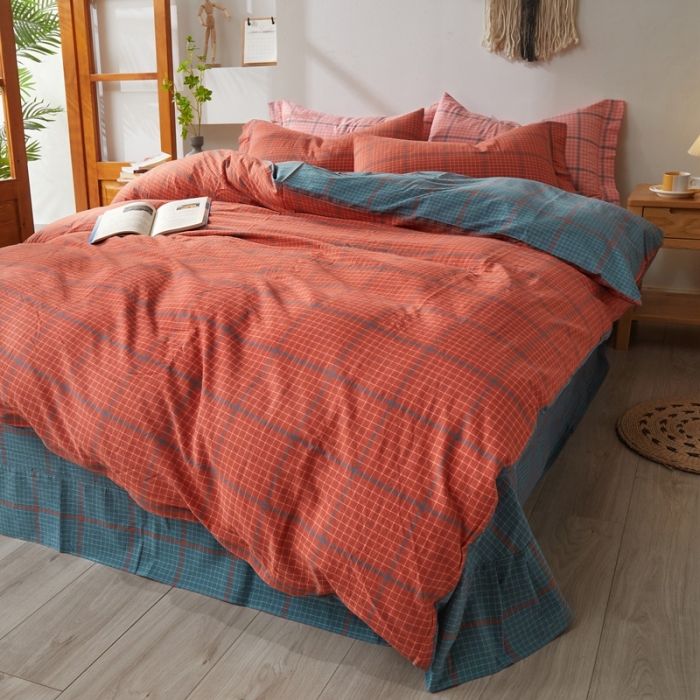 91家纺网 家纺一手货源 找家纺 价格下调 三沁纯棉全棉色织水洗棉简约格子式四件套床单圆角荷叶边偶遇兰橘