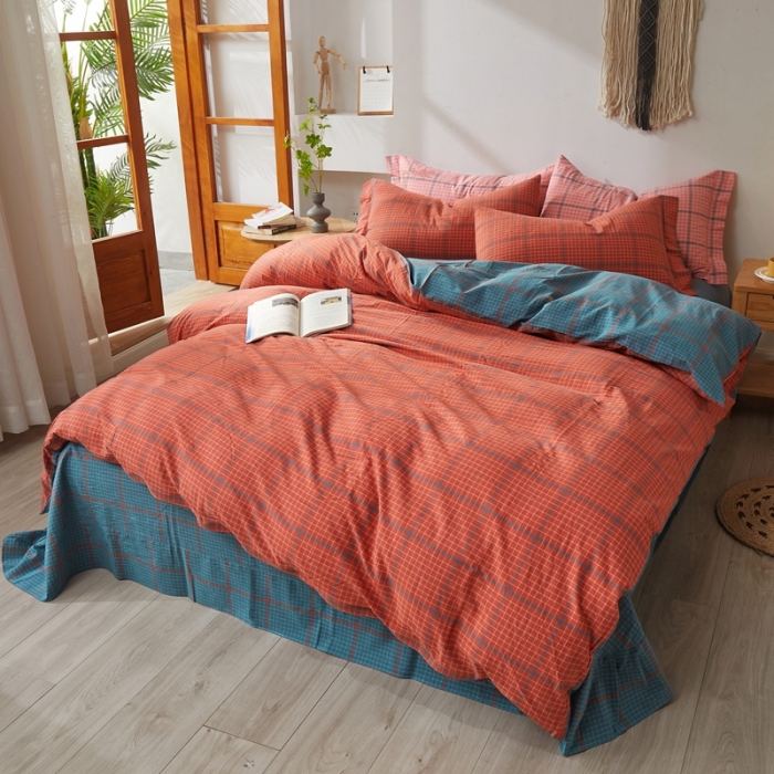 91家纺网 家纺一手货源 找家纺 价格下调 三沁纯棉全棉色织水洗棉简约格子式四件套床单圆角荷叶边偶遇兰橘
