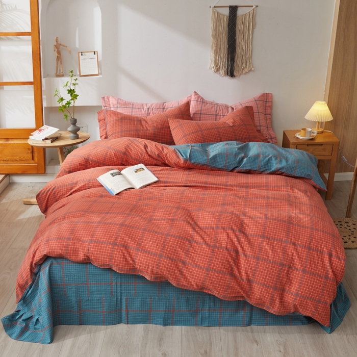 91家纺网 家纺一手货源 找家纺 价格下调 三沁纯棉全棉色织水洗棉简约格子式四件套床单圆角荷叶边偶遇兰橘