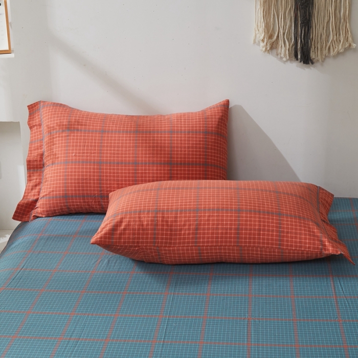 91家纺网 家纺一手货源 找家纺 价格下调 三沁纯棉全棉色织水洗棉简约格子式四件套床单圆角荷叶边偶遇兰橘