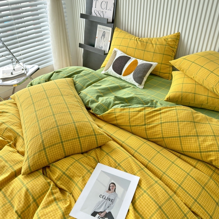 91家纺网 家纺一手货源 找家纺 价格下调三沁纯棉全棉色织水洗棉简约格子式四件套床单圆角荷叶边偶遇-黄绿