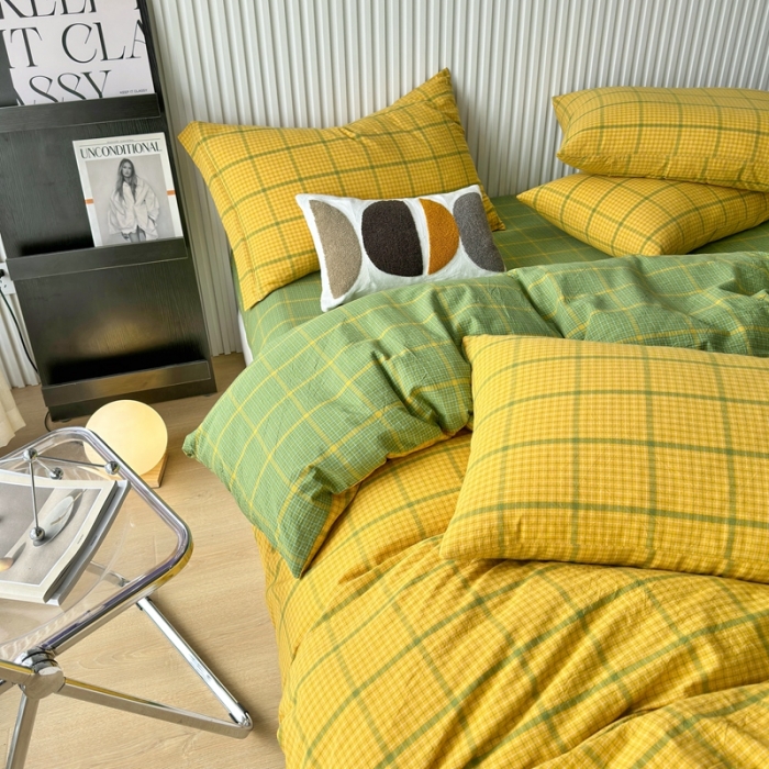 91家纺网 家纺一手货源 找家纺 价格下调三沁纯棉全棉色织水洗棉简约格子式四件套床单圆角荷叶边偶遇-黄绿