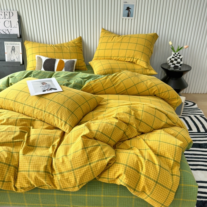 91家纺网 家纺一手货源 找家纺 价格下调三沁纯棉全棉色织水洗棉简约格子式四件套床单圆角荷叶边偶遇-黄绿