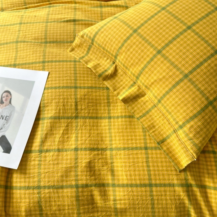 91家纺网 家纺一手货源 找家纺 价格下调三沁纯棉全棉色织水洗棉简约格子式四件套床单圆角荷叶边偶遇-黄绿