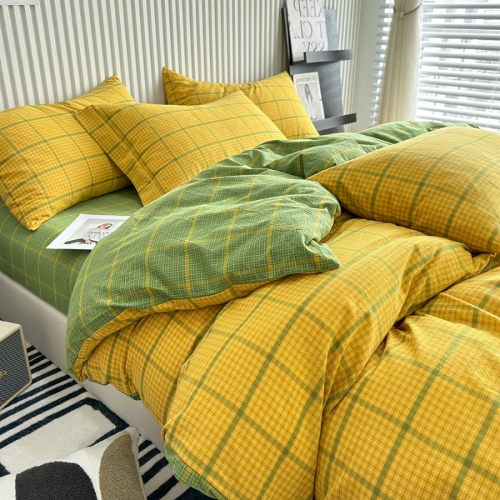 91家纺网 家纺一手货源 找家纺 价格下调三沁纯棉全棉色织水洗棉简约格子式四件套床单圆角荷叶边偶遇-黄绿