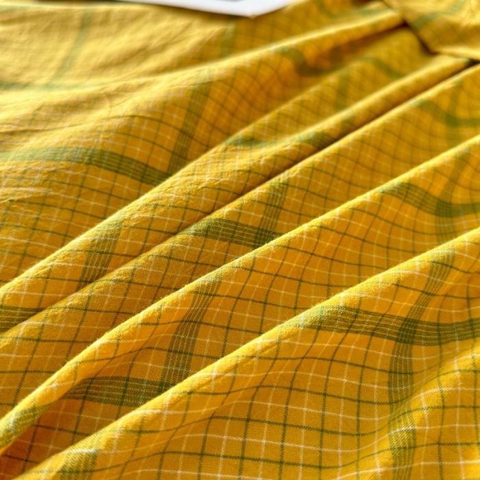 91家纺网 家纺一手货源 找家纺 价格下调三沁纯棉全棉色织水洗棉简约格子式四件套床单圆角荷叶边偶遇-黄绿