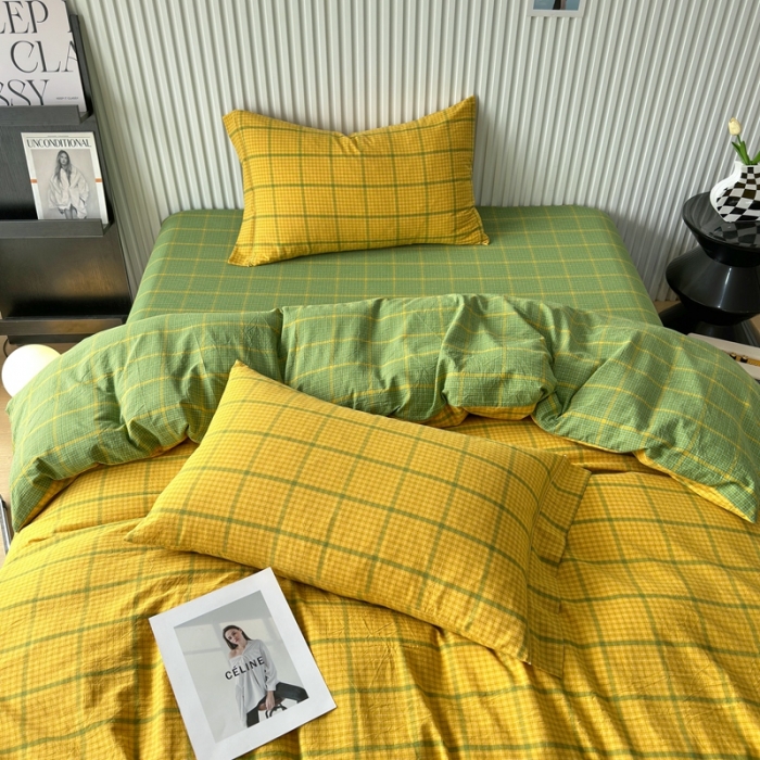 91家纺网 家纺一手货源 找家纺 价格下调三沁纯棉全棉色织水洗棉简约格子式四件套床单圆角荷叶边偶遇-黄绿