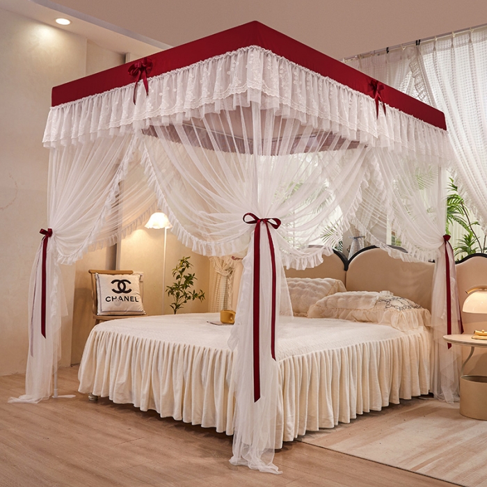 91家纺网 家纺一手货源 找家纺 艾晶美2023冬季保暖蚊帐双层床帘蚊帐四开门落地宫廷蚊帐4季款 海棠红