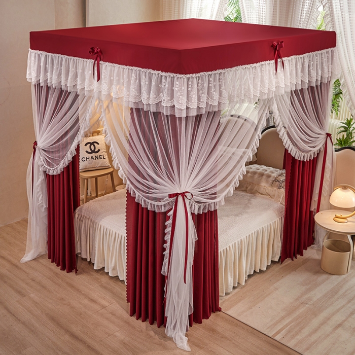 91家纺网 家纺一手货源 找家纺 艾晶美2023冬季保暖蚊帐双层床帘蚊帐四开门落地宫廷蚊帐4季款 海棠红