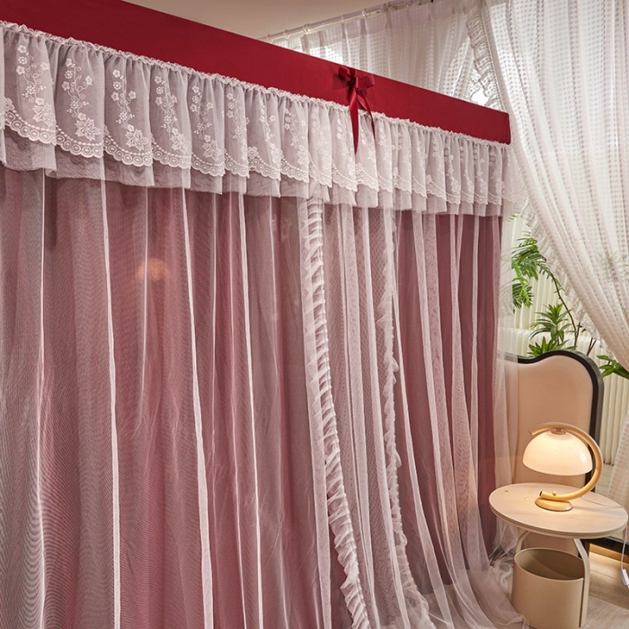 91家纺网 家纺一手货源 找家纺 艾晶美2023冬季保暖蚊帐双层床帘蚊帐四开门落地宫廷蚊帐4季款 海棠红