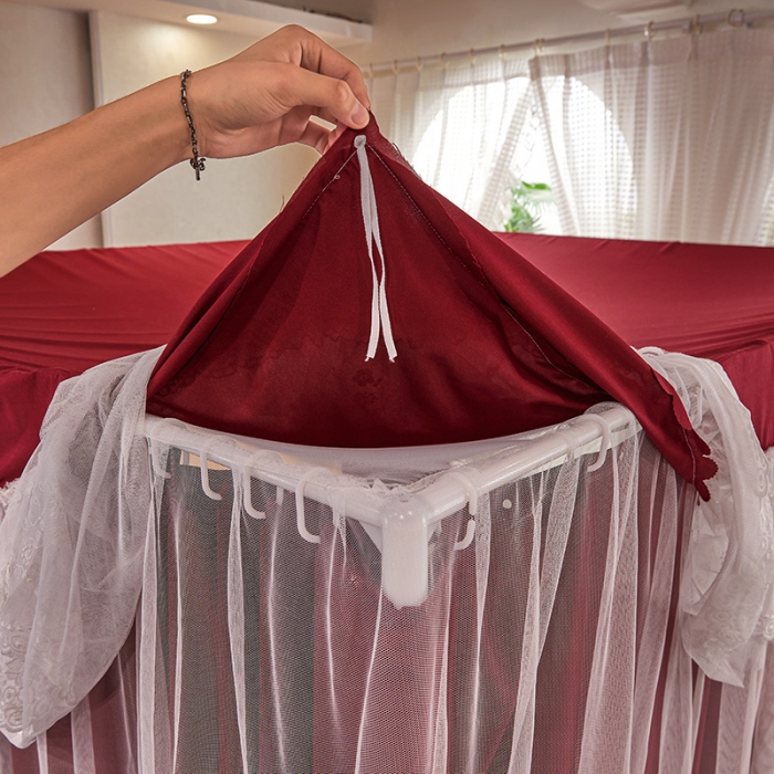 91家纺网 家纺一手货源 找家纺 艾晶美2023冬季保暖蚊帐双层床帘蚊帐四开门落地宫廷蚊帐4季款 海棠红