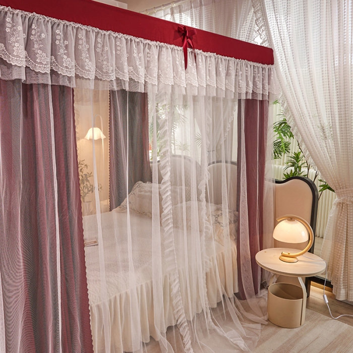91家纺网 家纺一手货源 找家纺 艾晶美2023冬季保暖蚊帐双层床帘蚊帐四开门落地宫廷蚊帐4季款 海棠红