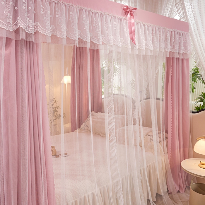 91家纺网 家纺一手货源 找家纺 艾晶美2023冬季保暖蚊帐双层床帘蚊帐四开门落地宫廷蚊帐4季款 密语粉
