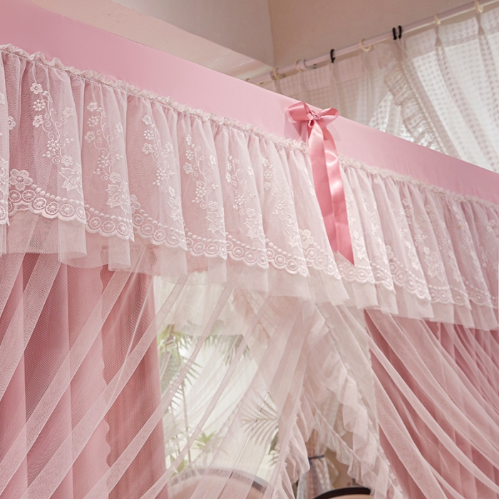 91家纺网 家纺一手货源 找家纺 艾晶美2023冬季保暖蚊帐双层床帘蚊帐四开门落地宫廷蚊帐4季款 密语粉