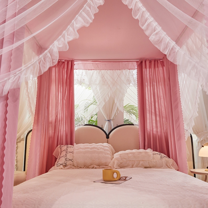 91家纺网 家纺一手货源 找家纺 艾晶美2023冬季保暖蚊帐双层床帘蚊帐四开门落地宫廷蚊帐4季款 密语粉