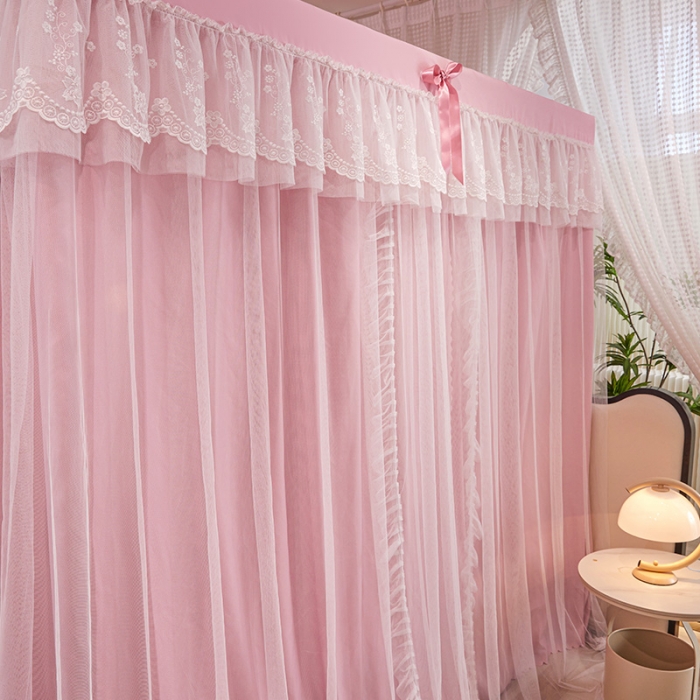 91家纺网 家纺一手货源 找家纺 艾晶美2023冬季保暖蚊帐双层床帘蚊帐四开门落地宫廷蚊帐4季款 密语粉