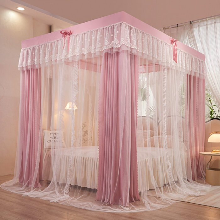 91家纺网 家纺一手货源 找家纺 艾晶美2023冬季保暖蚊帐双层床帘蚊帐四开门落地宫廷蚊帐4季款 密语粉