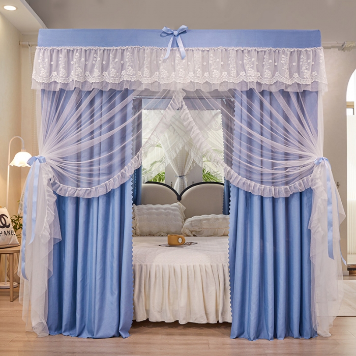 91家纺网 家纺一手货源 找家纺 艾晶美2023冬季保暖蚊帐双层床帘蚊帐四开门落地宫廷蚊帐4季款 晴空蓝