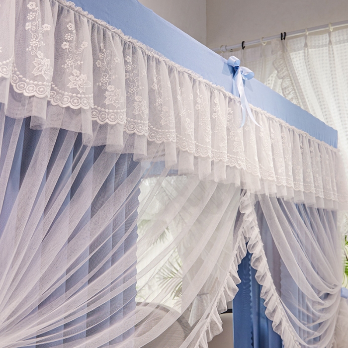 91家纺网 家纺一手货源 找家纺 艾晶美2023冬季保暖蚊帐双层床帘蚊帐四开门落地宫廷蚊帐4季款 晴空蓝