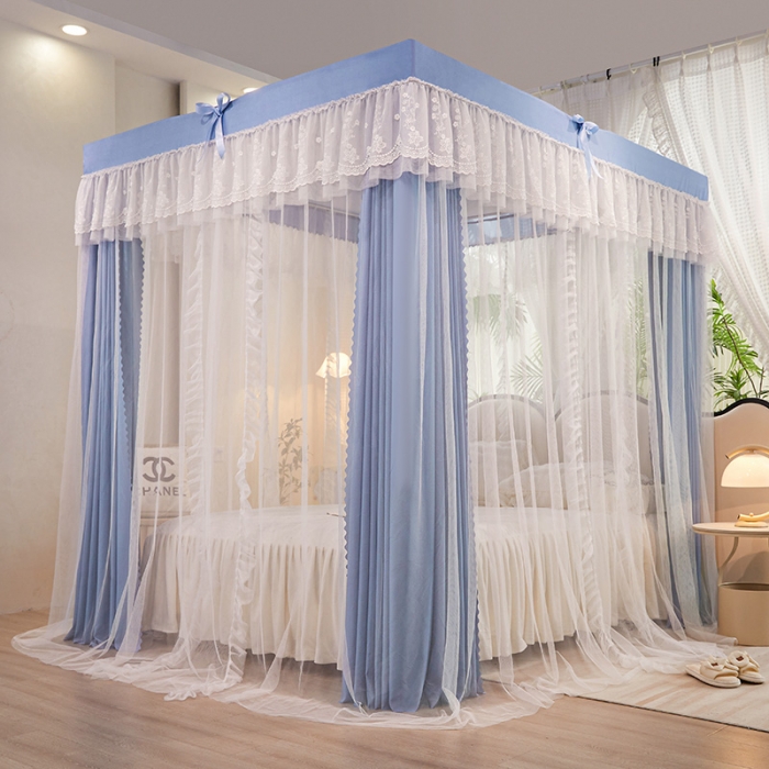 91家纺网 家纺一手货源 找家纺 艾晶美2023冬季保暖蚊帐双层床帘蚊帐四开门落地宫廷蚊帐4季款 晴空蓝