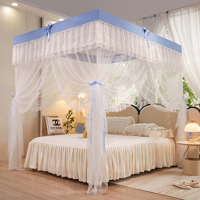 91家纺网 家纺一手货源 找家纺 艾晶美2023冬季保暖蚊帐双层床帘蚊帐四开门落地宫廷蚊帐4季款 晴空蓝