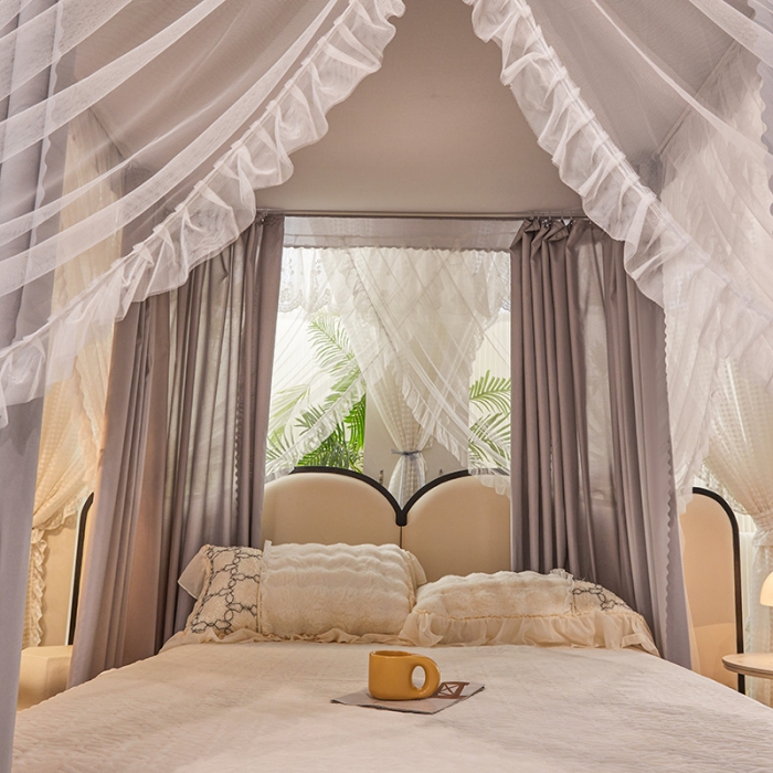 91家纺网 家纺一手货源 找家纺 艾晶美2023冬季保暖蚊帐双层床帘蚊帐四开门落地宫廷蚊帐4季款 星际灰